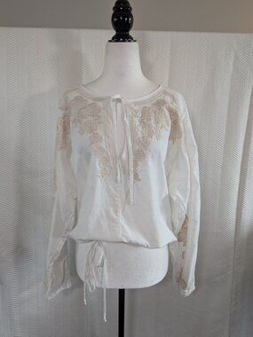 White Boho Peasant Blouse Cream Floral Embroidery Drawstring Waist cottagecore